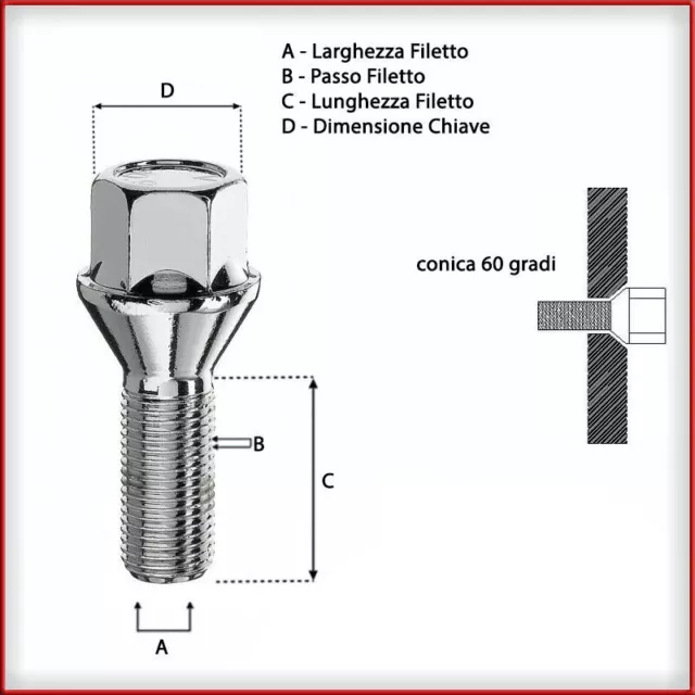 Kit 10 Bulloni Conici Cerchi in Lega 12X1.5 Chiave 17 Lunghezza Filetto 28mm