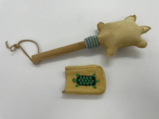 Indigenous Turtle Rattle CANADIAN ABORIGINAL/NATIVE RAWHIDE Turtle Shaped Rattle & Beaded Turtle ...
