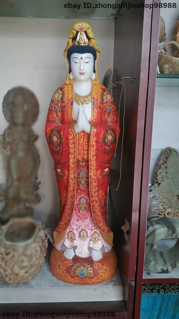 Tibet White Jade Stone Painting South China Sea Goddess of Mercy Kwan-yin Statue
