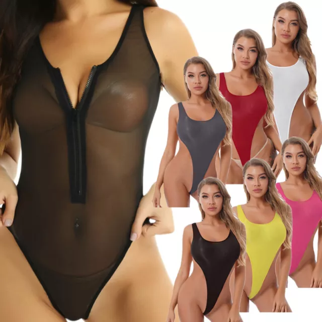 Sexy Womens See Through One Piece Swimwear High Cut Leotard Sheer Bathing Suits