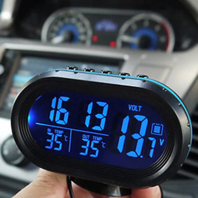Digital Auto Voltage Alarm Temperatur Thermometer Uhr LCD Monitor Blau 12V-24V