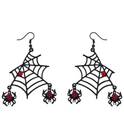 Halloween Black Spider Web Dangling Red Rhinestone Earrings