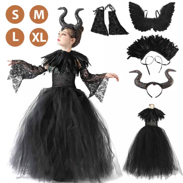 5pc Set Halloween Set Kids Maleficent Cosplay Costume Dress Headband Girl Outfit