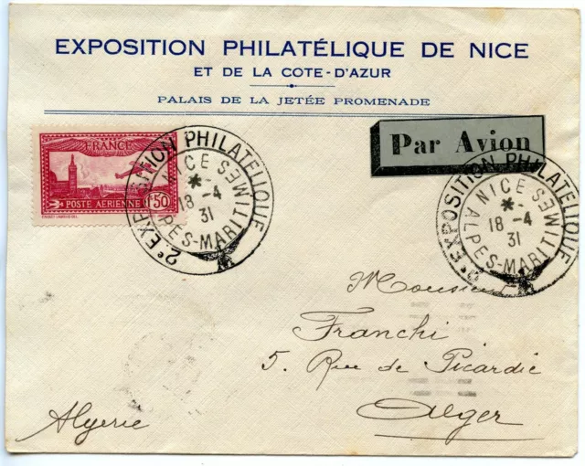 Air Mail Par Avion / Exposition Philatelique De Nice 1931 Pour Alger Algerie