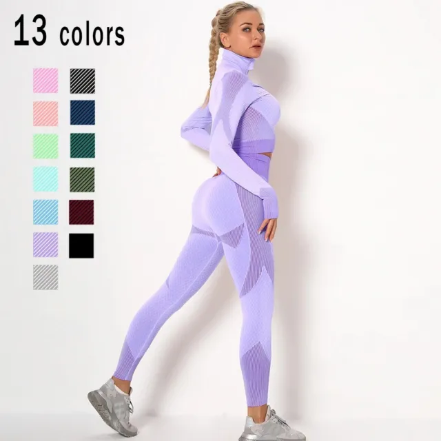 Women's Workout Sets Seamless Ribbed 2 Piece Zip Outfits Yoga Clothing Gym  Sets