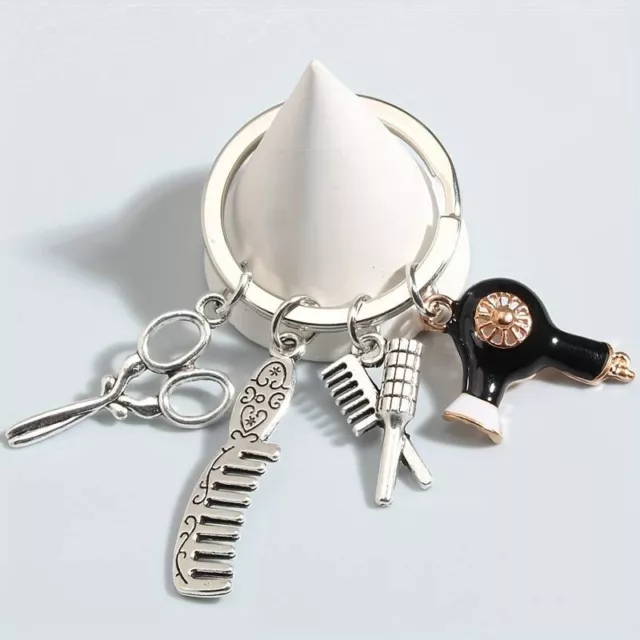 Black Hair Dryer, Comb & Scissors Keychain Hair Dresser Barber Charms Keyring