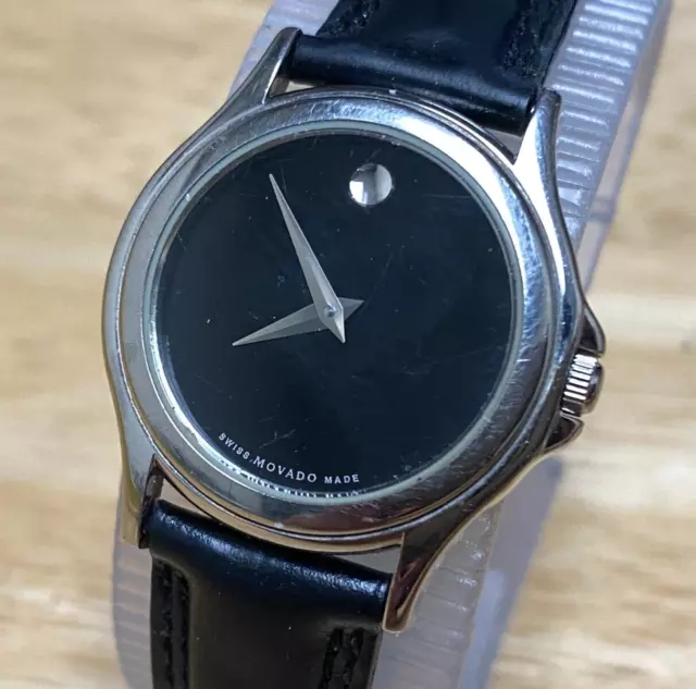 MOVADO Watch Swiss Quartz Lady Silver Tone Black Museum Dial Leather New Battery
