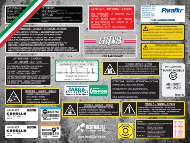 Kit 21 ADESIVI labels restauro COMPLETO fiat PUNTO GT turbo vano motore 176