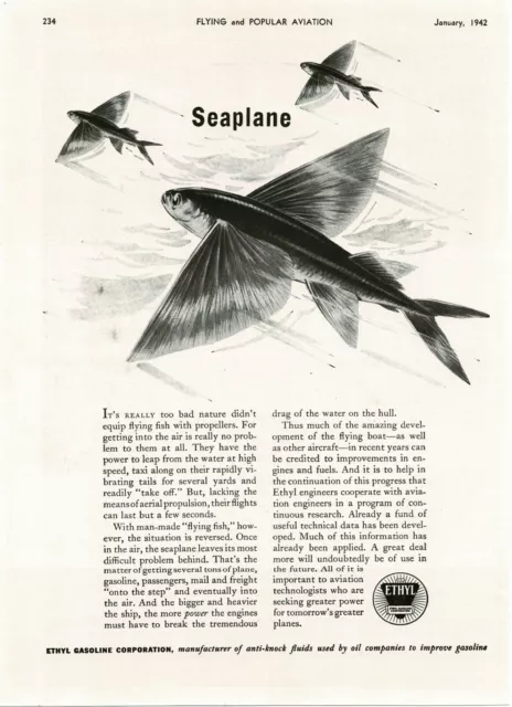 1942 ETHYL Gasoline Corp Flying Fish Vintage Print Ad