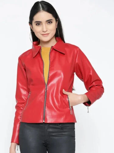 Bomber En Cuir D'agneau Rouge Pour Femme - Slim Fit, Fait Main En Inde
