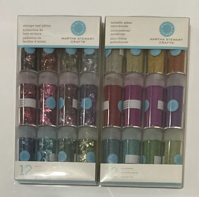 24 MARTHA STEWART Brillo - 12 viales microperlas metálicas + 12 hojas vintage