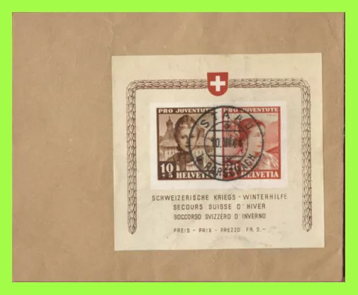 Switzerland 1941 Pro Juventute mini sheet on part cover (on piece),used