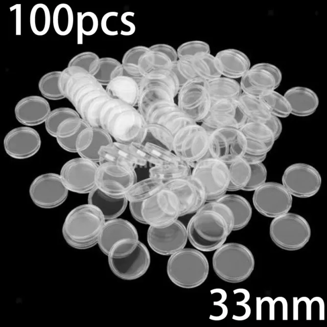 100!!! 33mm Clear-Round-Plastic Coin Holders Capsules Container Storage Case Box