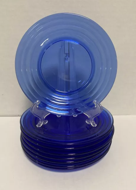 Set of 8 VTG Hazel Atlas Moderntone Cobalt Blue Glass Sherbet/Dessert Plates 6”