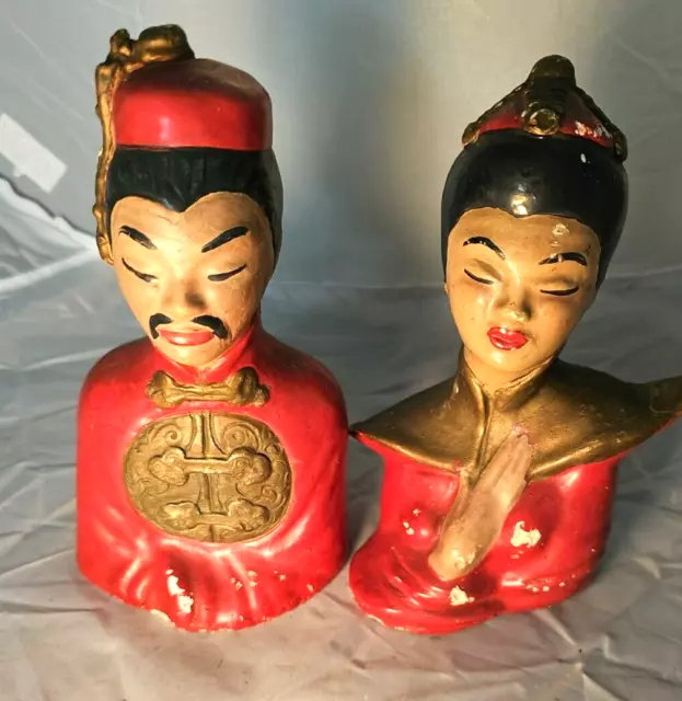 Pair Oriental/Asian Chalk Head Busts 7" Figurines in Red@Black