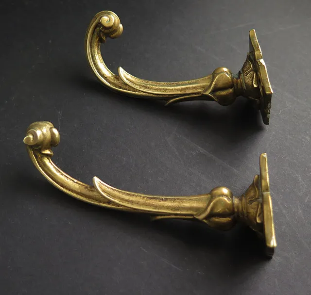 Two Quality Cast Brass Art Nouveau Hooks/Tie Backs, Near Pair