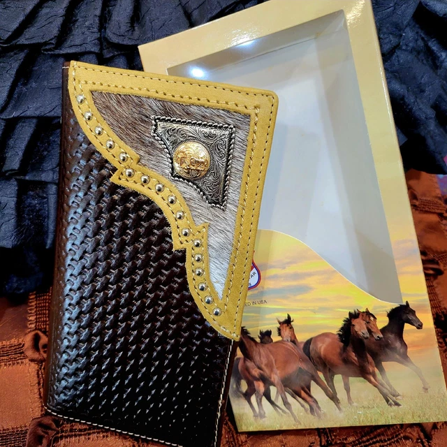 Praying Cowboy Western wallet Genuine Leather & real cow hair Bifold Basketweave