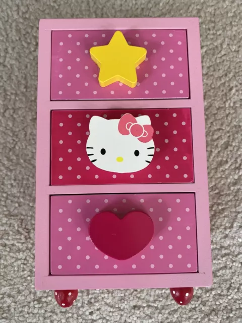 Hello Kitty Pink Polka Dot Jewelry Storage Trinket Box 3 Drawers Sanrio 2013 EUC