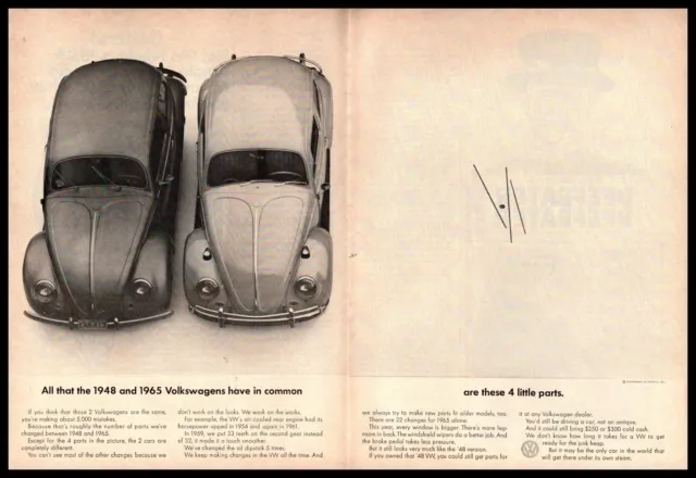 1965 VW Type 1 Beetle And 1948 VW Bug "4 LIttle Parts" Vintage 2-Page Print Ad