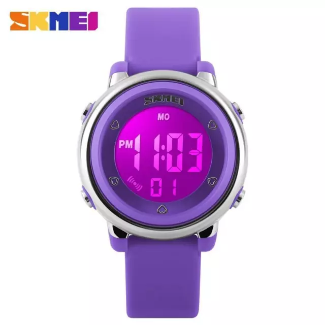 5atm Waterproof Kids Girls Digital LED Date Day Alarm Sports Wrist Watch Purple
