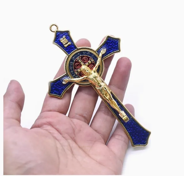 Blessed Metal Hand Hold Cross Crucifix Jesus Holy Religious Carved Christ Blue