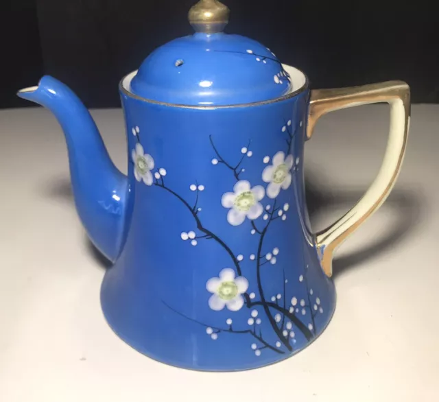 Vintage Hand Painted Blue 3 cup Cherry Blossom Porcelain Tea Pot  RS Japan