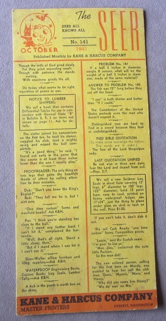Vtg 1941 The Seer No 141 Published by Kane & Harcus Co Everett WA Master Printer Vtg 1941 The Seer No 141 Published by Kane & Harcus Co Everett WA Master Printer