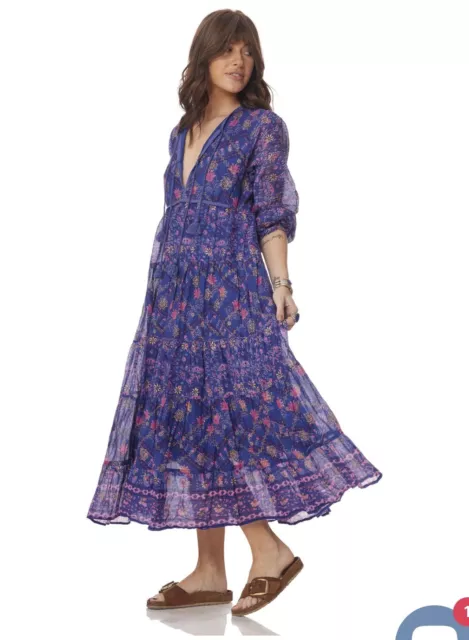 Blue Boheme Purple Bohemian Tassel Maxi Dress Tiered Floral Size Small