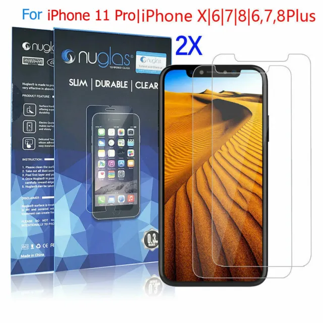 iPhone 11 Pro XS Max X 8 7 6 6S Plus 2x Nuglas Tempered Glass Screen Protector