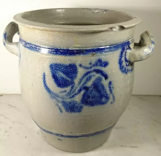 Ancien Pot à Sel en Grès Vernissé Gris & Bleu Cobalt
