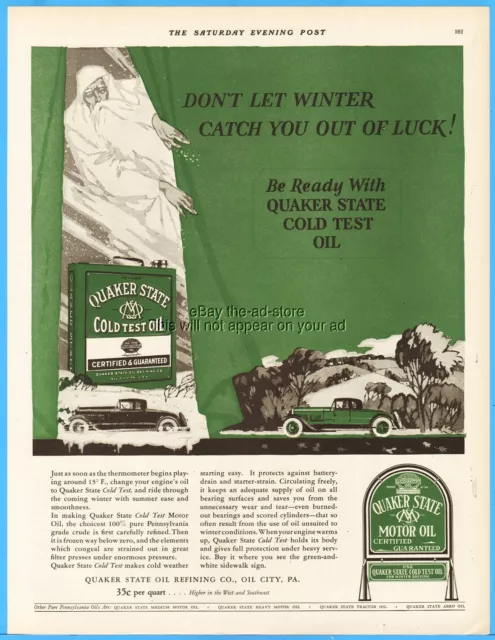 1928 Quaker State Motor Oil City PA Print Ad Station Sign Tin Can Old Man Winter