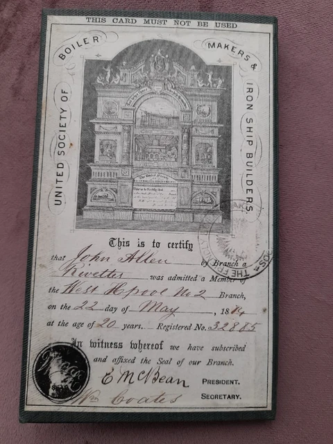 Antique West Hartlepool Man Boilers & Iron Ship Builders Membership Card.