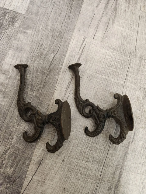 Cast Iron Coat Hooks 3 Hangers Each Vintage 6.5" Tall Set Of 2 Wall Mount Style