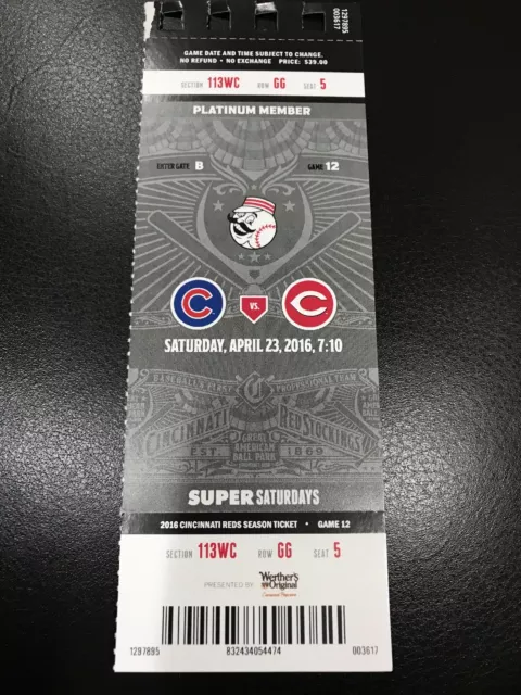 2016 Reds vs Cubs Full Ticket Stub. Addison Russell Home Run. 4/23/16