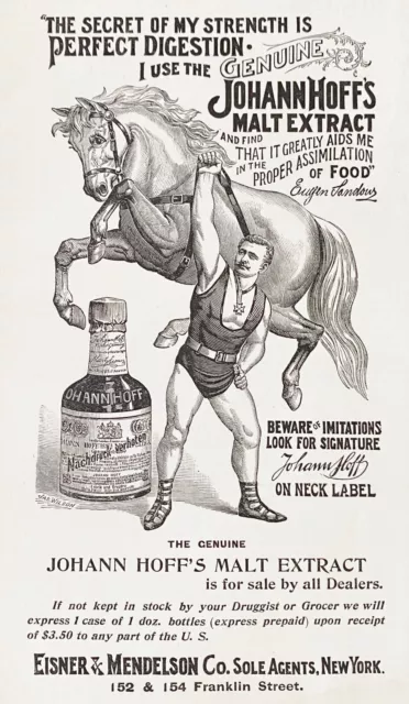 1895 JOHANN HOFF'S Malt Extract Vtg Quack Beer Print Ad~Eugen Sandow Bodybuilder
