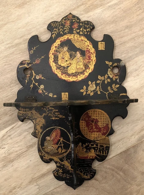 Antique 1920's Japanese Hand Painted Lacquered Folding Corbel Sconce Wall Shelf