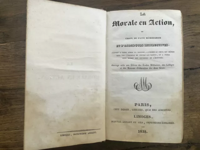 La Morale En Action 1834 Livre Ancien Prix Scolaire Martial Ardant Didier