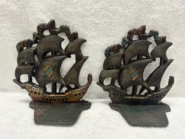VINTAGE PAIR CAST Iron Metal Sailing Ships Coat of Arms Nautical