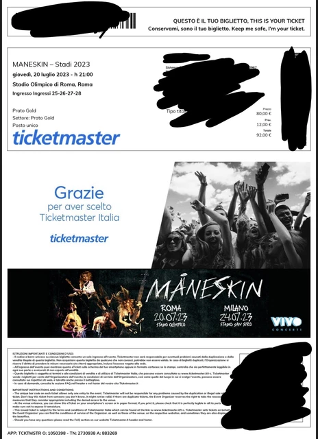 Biglietto Maneskin - Stadio Olimpico Roma 20.07.23 PRATO GOLD