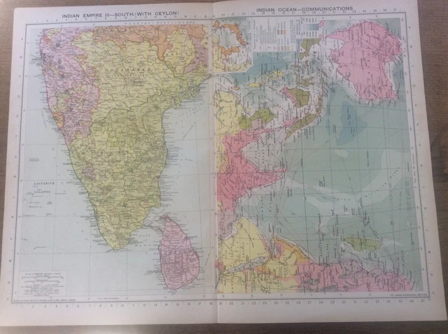 VINTAGE ANTIQUE 1939 Philips Map 20x15 Indian Empire Ceylon Ocean ...