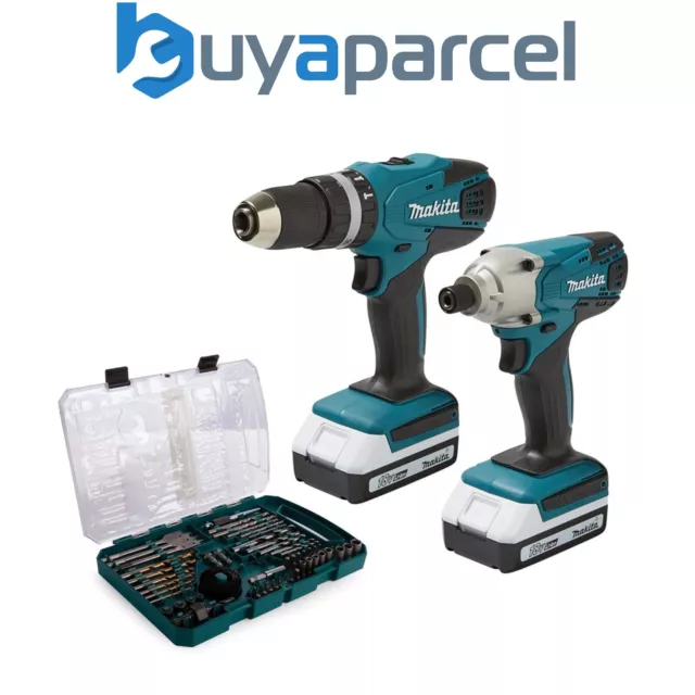 Paquete doble de taladro combinado inalámbrico Makita 18 V y controlador de impacto + juego de 74 piezas