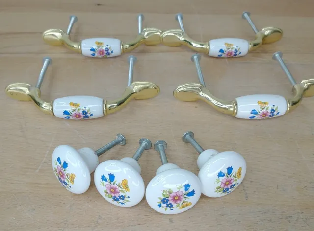 Set of 8 Vintage Floral Ceramic Decorative Handle Cabinet Dresser Drawer Pulls
