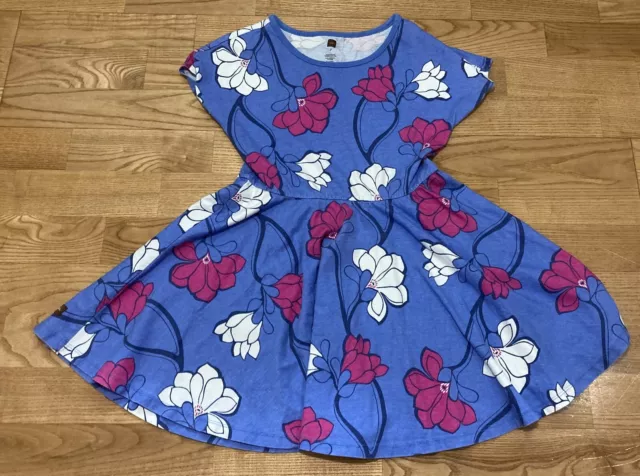 Girls Tea Collection Periwinkle Dress w/Dark Pink & White Flowers size 7 EUC