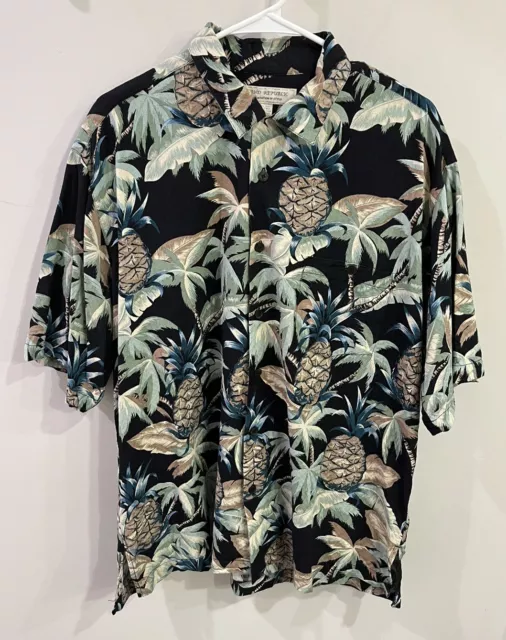 Mens Silk Shirt Island Republic Black Pineapple Floral Hawaiian XL