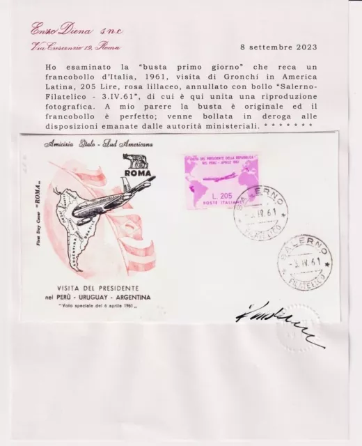 Repubblica 1961 Gronchi Rosa Busta Fdc Annullo Primo Giorno Certificata Rara