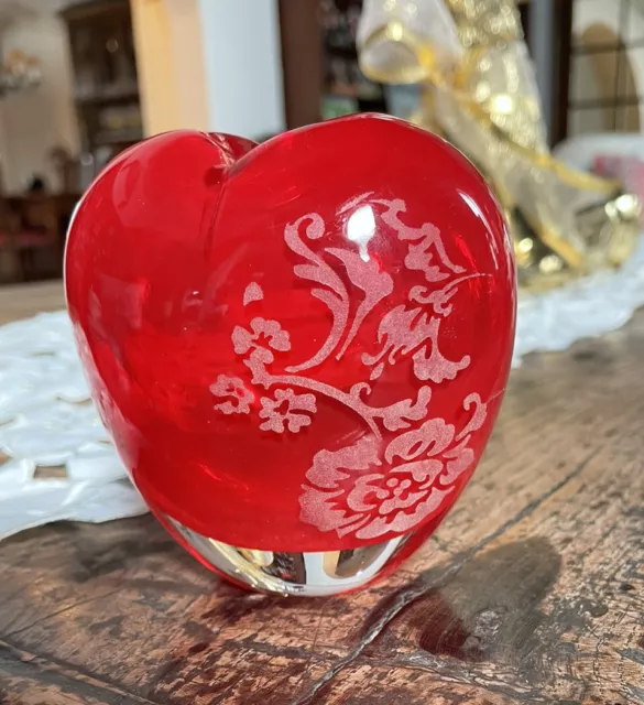 Red Glass Heart Shaped  Valentine Vase Etched Flowers. Exc condition