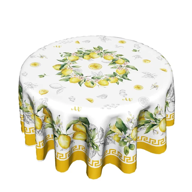 Round Lemon Tablecloth 60 inch, Yellow Citrus Fruit Summer Flower
