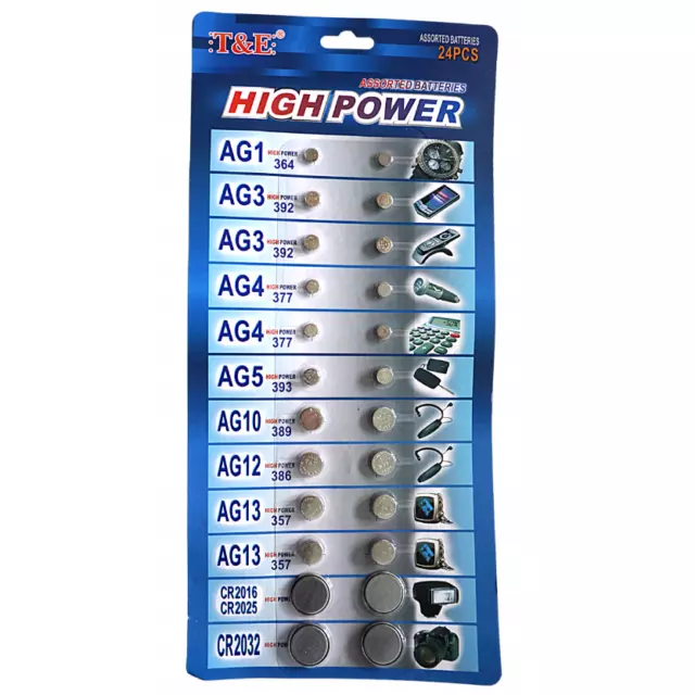 24 Teiliges Knopfzellenset Batterien AG1 AG3 AG4 AG5 AG10 AG12 AG13 Alkaline