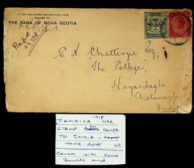 SEPHIL JAMAICA 1918 WWI ½d WAR STAMP+1d ON REGD COVER VIA KINGSTON TO INDIA