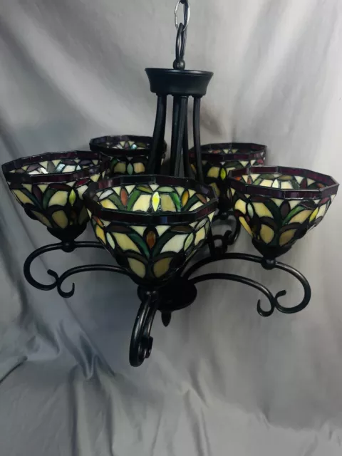 Vintage Tiffany Victorian Style Stained Glass 4 Light Hanging Chandelier